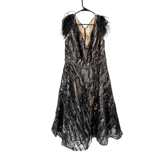 Mac Duggal 79339 Black Embellished Feather Cap Sleeve Midi Dress Size 18 New - Picture 3 of 9